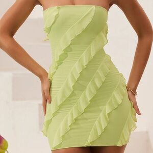 Oh Polly Bandeau Ruffle Mini Dress Lime Green